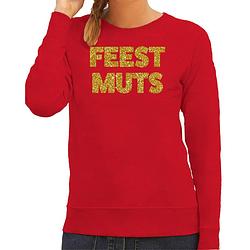 Foto van Bellatio decorations foute kersttrui/sweater dames - feest muts - rood - glitter goud -feestkleding s - kerst truien