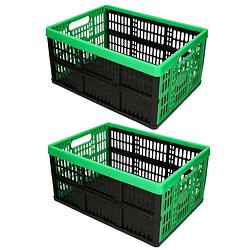 Foto van 2x stuks opvouwbare kratten/inklapbare boodschappen kisten zwart/groen 48 x 35 x 24 cm - boodschappenkratten