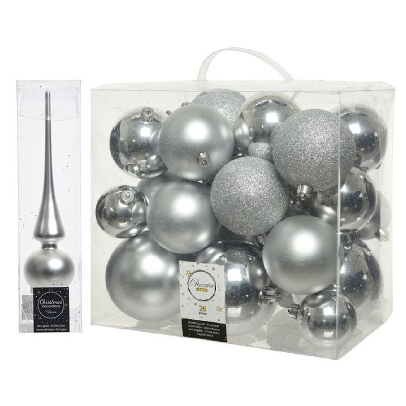 Foto van Kerstversiering kunststof kerstballen met piek zilver 6-8-10 cm pakket van 27x stuks - kerstbal