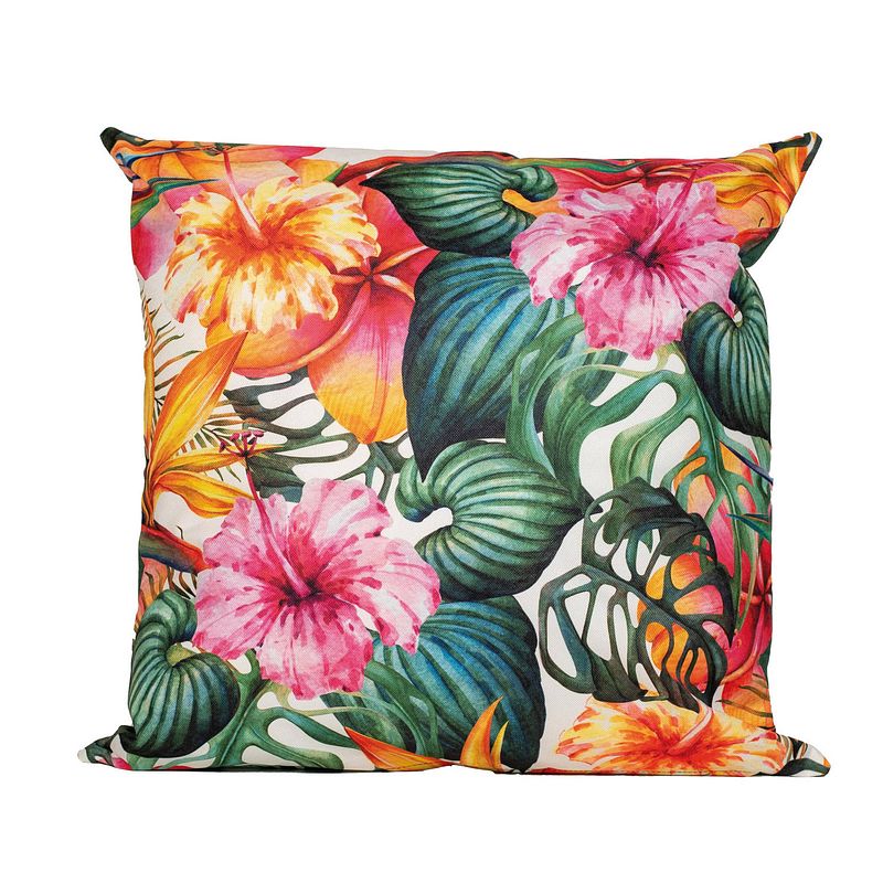 Foto van 1x bank/sier kussens gekleurd met tropische bloemen print voor binnen en buiten 45 x 45 cm - sierkussens