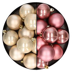 Foto van 24x stuks kunststof kerstballen mix van champagne en velvet roze 6 cm - kerstbal