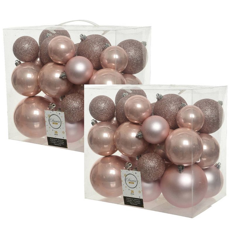 Foto van 52x stuks kunststof kerstballen lichtroze (blush) 6-8-10 cm glans/mat/glitter - kerstbal