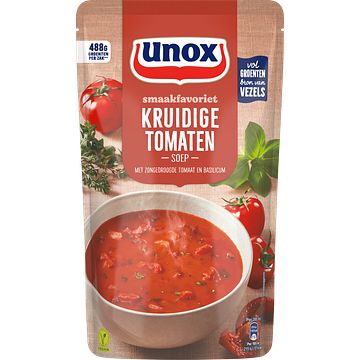 Foto van 2 zakken soep a 570 ml, pakken cupasoup a 3 stuks of single verpakkingen noodles of pasta | unox smaakfavoriet soep in zak kruidige tomaten 570ml aanbieding bij jumbo