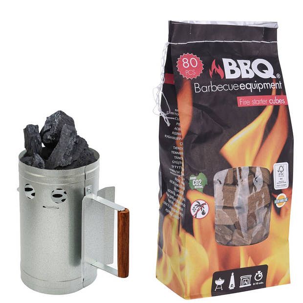 Foto van Bbq briketten/houtskool starter met houten handvat 27 cm met 80x bbq aanmaakblokjes - brikettenstarters