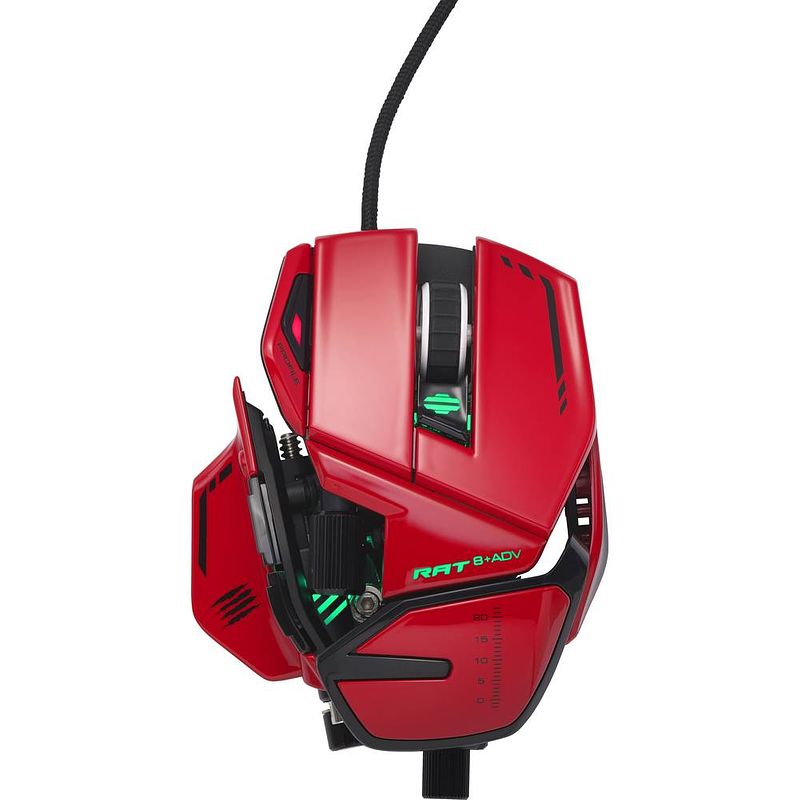 Foto van Madcatz r.a.t. 8+ adv ergonomische gaming-muis usb optisch rood, zwart 11 toetsen 20000 dpi polssteun, gewichtsreductie, geïntegreerd profielgeheugen