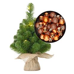 Foto van Mini kerstboom/kunstboom met verlichting 45 cm en inclusief kerstballen koper - kunstkerstboom