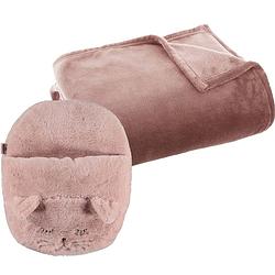 Foto van Fleece deken oudroze 130 x 180 cm met voetenwarmer slof poes/kat one size - voetenwarmers