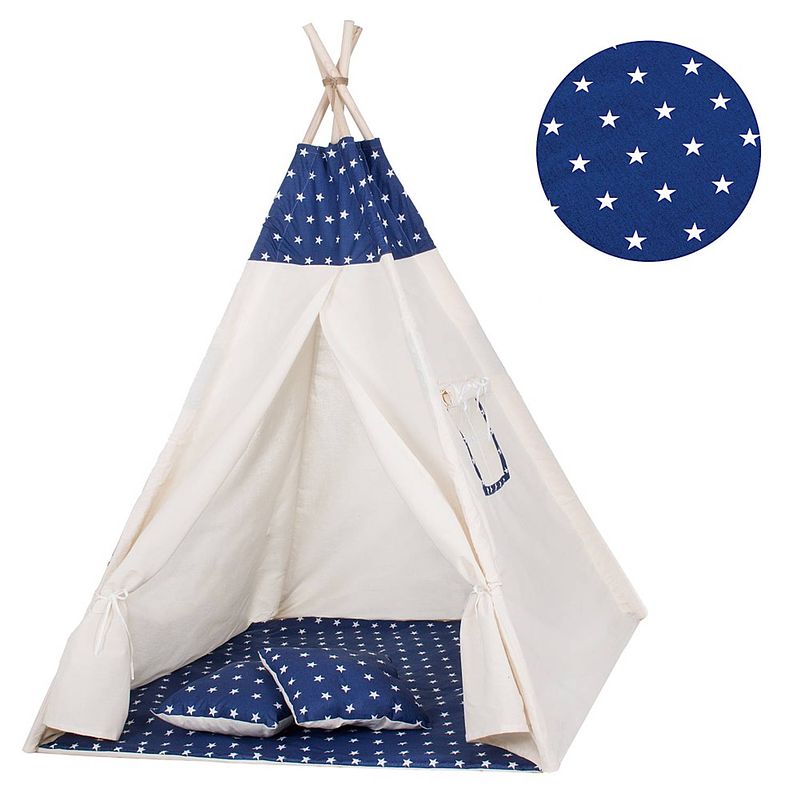 Foto van Springos tipi tent wigwam speeltent 120x100x180 cm met mat en kussens naturel navy sterren