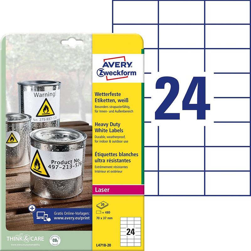 Foto van Avery-zweckform l4718-20 etiketten 70 x 37 mm polyester folie wit 480 stuk(s) permanent universele etiketten, weerbestendige etiketten laser, kopie