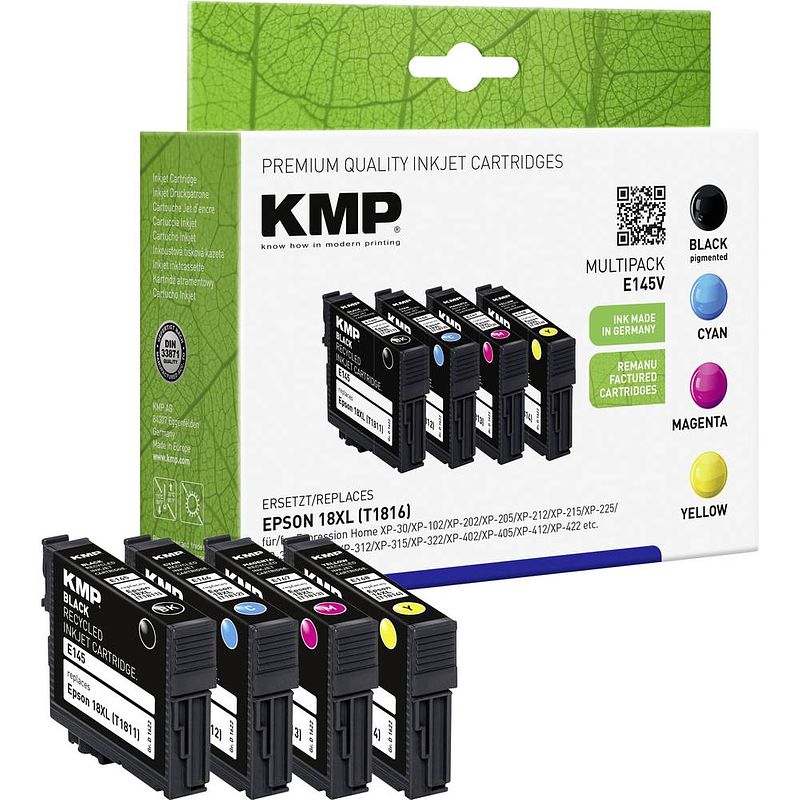 Foto van Kmp inkt vervangt epson 18xl, t1811, t1812, t1813, t1814, t1816 compatibel combipack zwart, cyaan, magenta, geel e145v 1622,4050