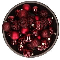 Foto van 37x stuks kunststof kerstballen donkerrood (oxblood) 6 cm glans/mat/glitter mix - kerstbal