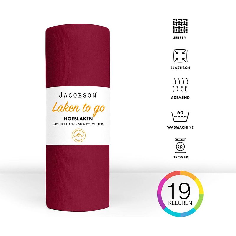 Foto van Jacobson - hoeslaken - 90x200cm - jersey katoen - tot 25cm matrasdikte - wijnrood