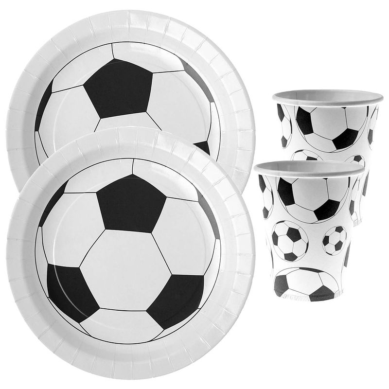 Foto van Voetbal feest wegwerp servies set - 10x bordjes / 10x bekers - wit/zwart - feestpakketten