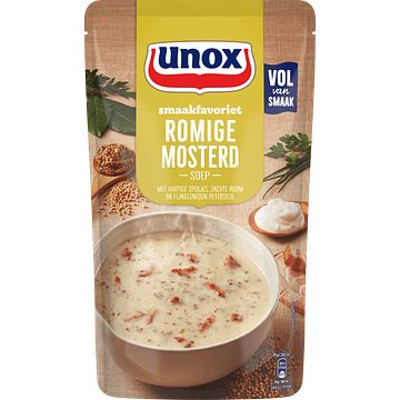 Foto van 2 zakken soep a 570 ml, pakken cupasoup a 3 stuks of single verpakkingen noodles of pasta | unox smaakfavoriet soep in zak romige mosterd 570ml aanbieding bij jumbo