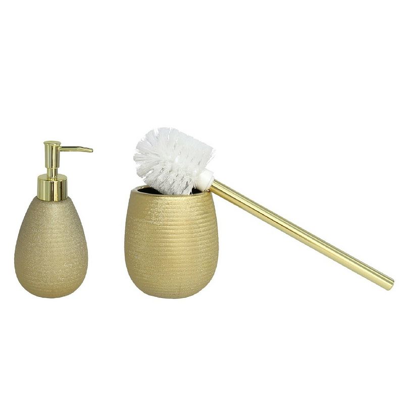 Foto van Wc-/toiletborstel houder polystone met zeeppompje 280 ml goud kleurig - badkameraccessoireset