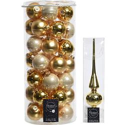 Foto van 49x stuks glazen kerstballen goud 6 cm inclusief gouden piek - kerstbal