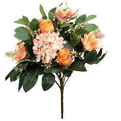 Foto van Louis maes kunstbloemen boeket roos/hortensia/lelie - oranje/zalm - h39 cm - bloemstuk - bladgroen - kunstbloemen