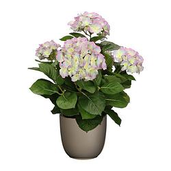 Foto van Hortensia kunstplant/kunstbloemen 45 cm - paars/groen - in pot taupe mat - kunstplanten