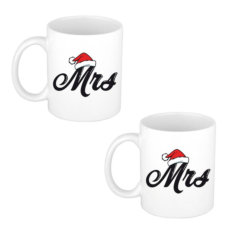 Foto van 2x stuks mrs kerstmuts cadeau mok / beker wit voor dames 300 ml - bekers