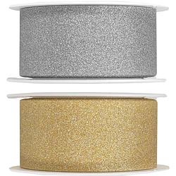 Foto van 2x hobby/decoratie zilver en gouden sierlinten met glitters 3 cm/30 mm x 5 meter - cadeaulinten