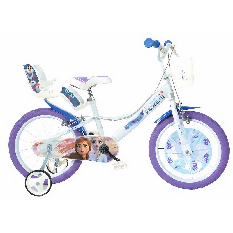 Foto van Dino meisjesfiets frozen ii 16 inch 26 cm meisjes knijprem wit/paars