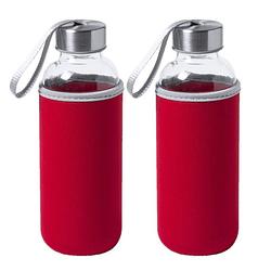 Foto van 2x stuks glazen waterfles/drinkfles met rode softshell bescherm hoes 420 ml - drinkflessen