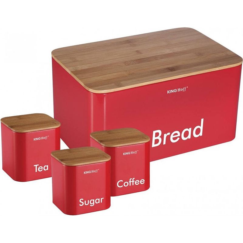 Foto van Kinghoff 1085 - broodtrommel set - rood - rvs met hout - 35x23x18,5 cm