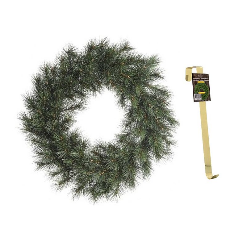 Foto van Groene kerstkrans 50 cm malmo voor de deur/poort met gouden hanger - kerstkransen