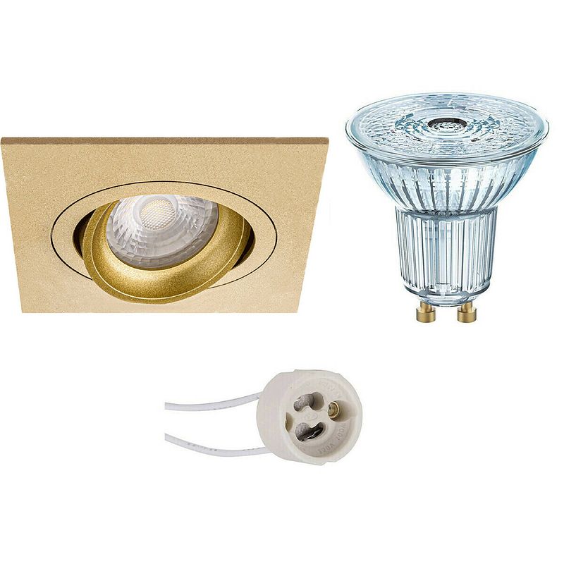 Foto van Led spot set - osram parathom par16 930 36d - pragmi borny pro - gu10 fitting - dimbaar - inbouw vierkant - mat goud -