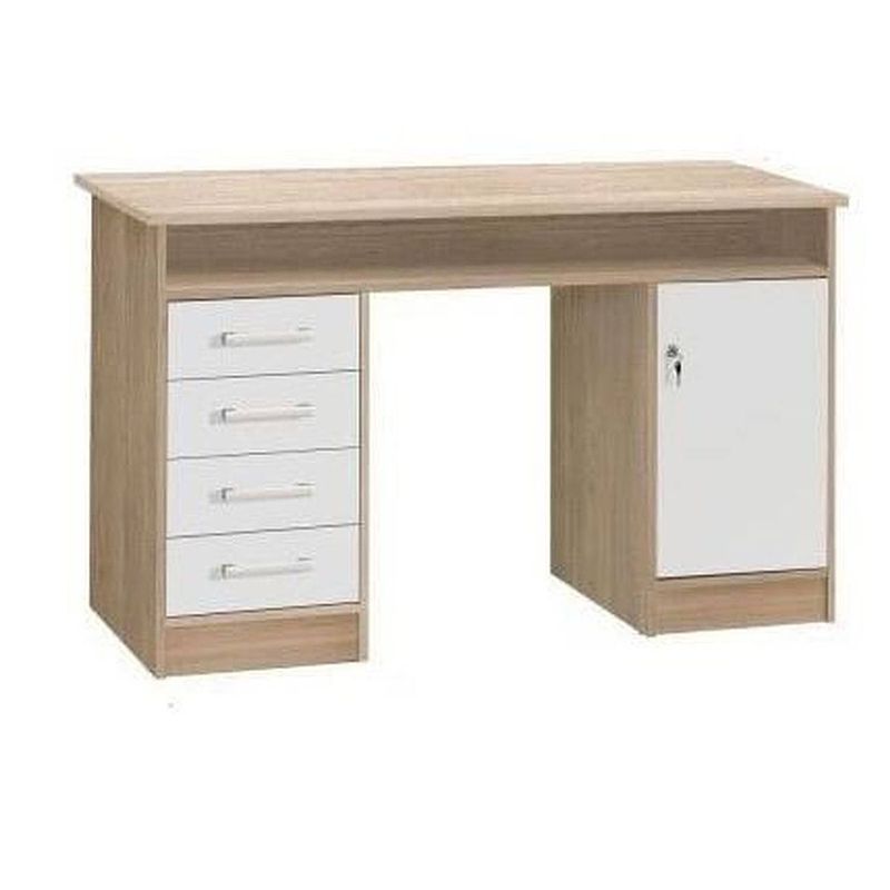 Foto van Recht sleutelbureau met 1 deur en 4 lades - eiken en wit decor - 126 x d 55 x h 76 cm - alicante