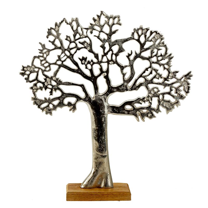 Foto van Decoratie levensboom - tree of life - aluminium/hout -  31 x 34 cm - zilver kleurig - beeldjes