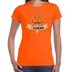 Foto van Bellatio decorations halloween verkleed t-shirt dames - pompoen - oranje - themafeest outfit -i scream xs - feestshirts