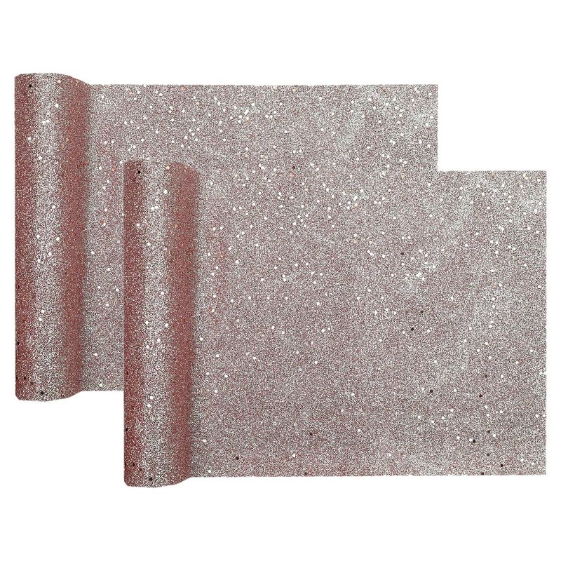 Foto van Santex kerst tafelloper op rol - 2x - rose goud glitter - 28 x 300 cm - polyester - tafellakens