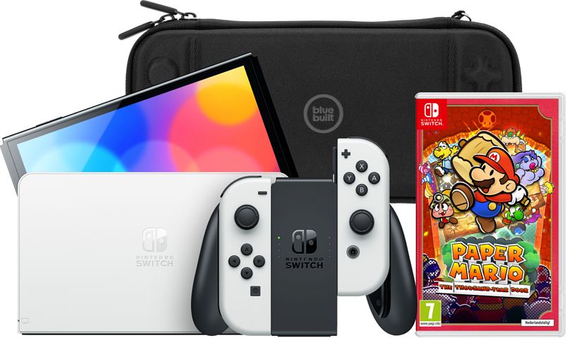 Foto van Nintendo switch oled wit + paper mario + bluebuilt beschermhoes