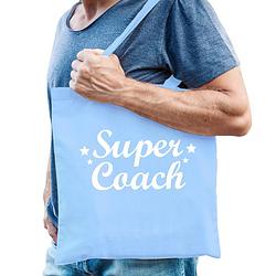 Foto van Cadeau tas voor coach/trainer - lichtblauw - katoen - 42 x 38 cm - super coach - feest boodschappentassen