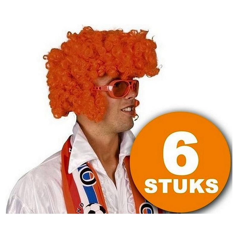 Foto van Oranje pruik 6 stuks oranje feestpruik ""rock star"" feestartikelen oranje hoofddeksel feestkleding ek/wk voetbal