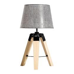 Foto van Tafel lamp - nachtkast lamp - stoffen kap en houten poten - driepoot - 45 cm hoog