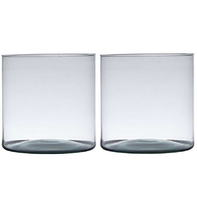 Foto van Set van 2x stuks transparante home-basics cylinder vorm vaas/vazen van gerecycled glas 19 x 19 cm - vazen