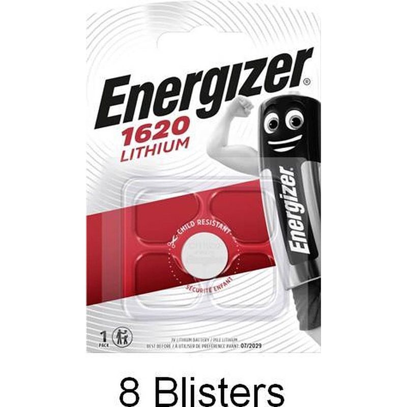 Foto van 8 stuks (8 blisters a 1 stuk) energizer cr1620 lithium knoopcel 3v