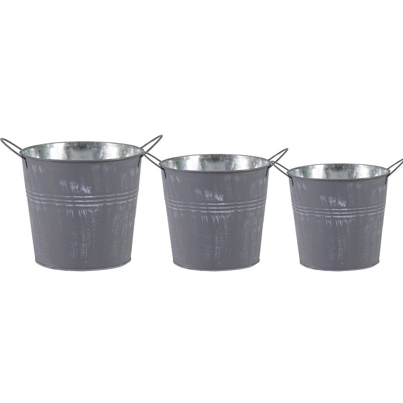 Foto van Emmer/plantenpot/bloempot - set van 3x stuks - zink - zilvergrijs - emmers