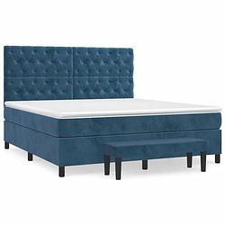 Foto van The living store boxspringbed - donkerblauw - 203 x 160 x 118/128 cm - fluweel - verstelbaar hoofdbord - pocketvering