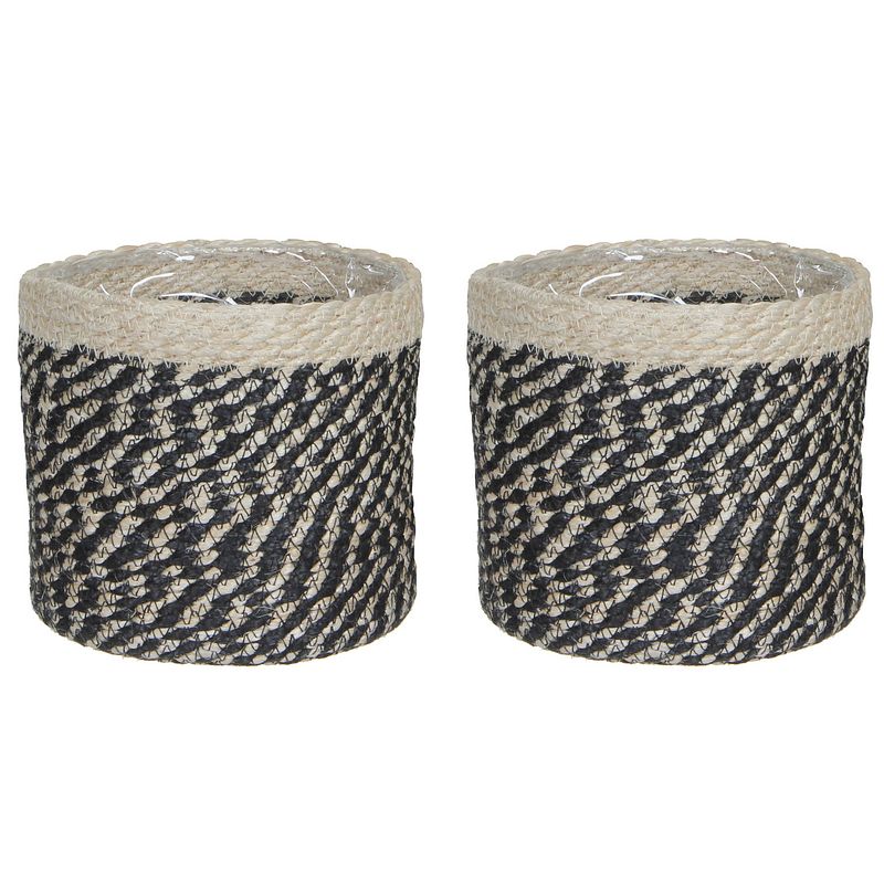 Foto van 2x stuks naturel zwart rotan planten pot mand van gedraaid jute/riet h20 en d20 cm - plantenpotten