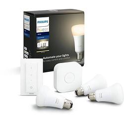 Foto van Philips hue witte 3-lichts starterkit met verbindingsbrug en dimmerafstandsbediening - 10 w - e27