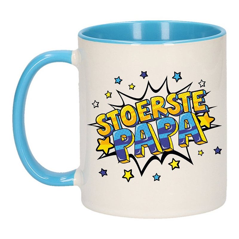 Foto van Stoerste papa cadeau mok / beker wit en blauw 300 ml - feest mokken