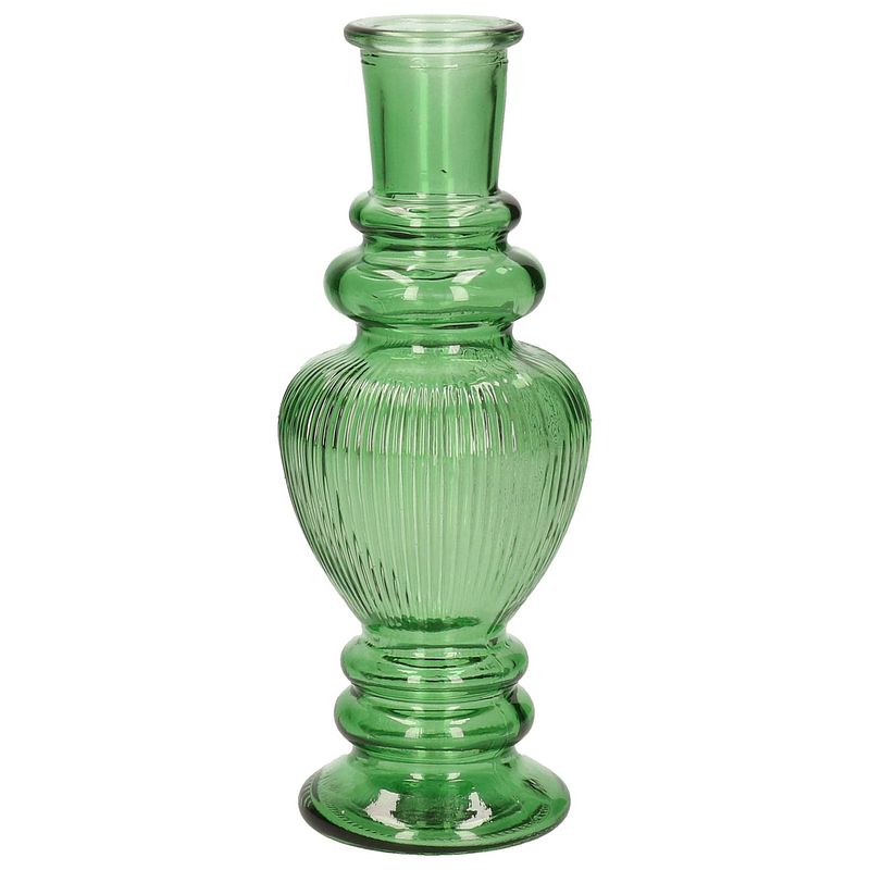 Foto van Ideas 4 seasons bloemenvaas venice - voor kleine stelen/boeketten - gekleurd sierglas - ribbel groen - d5.7 x h15 cm - v