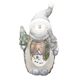 Foto van Ecd germany sneeuwpop figuur met led-verlichting 53 cm warm wit met grijze muts en sjaal,houten look,werkt op batterijen