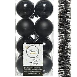Foto van Decoris 16x stuks kerstballen 4 cm met slinger zwart kunststof - kerstbal