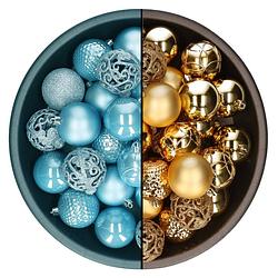 Foto van Decoris kerstballen - 74x st - goud en ijsblauw - 6 cm - kunststof - kerstbal