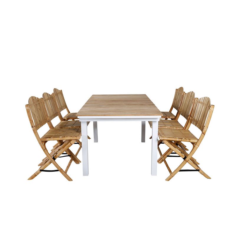 Foto van Mexico tuinmeubelset tafel 90x180/240cm en 6 stoel cane lichtgrijs, naturel.