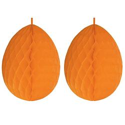 Foto van 3x stuks hangdecoratie honeycomb paaseieren oranje van papier 30 cm - feestdecoratievoorwerp